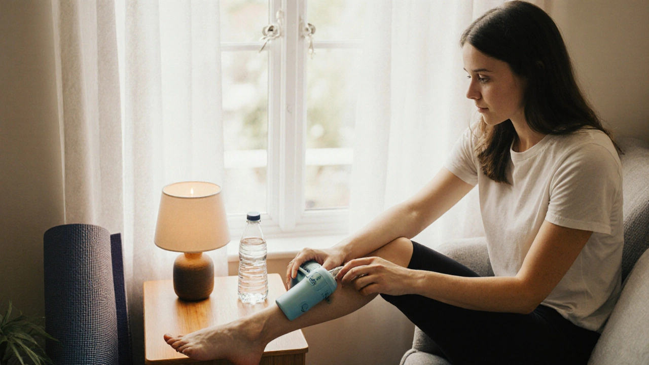 Žena doma používá přenosný vakuoterapeutický set na lýtko, vedle vodní láhve a jóga podložky.