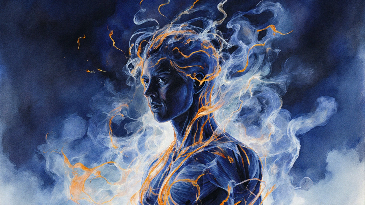 Abstraktní silueta člověka s proudy energie uvolňujícími potlačené emoce jako kouř a barvy.