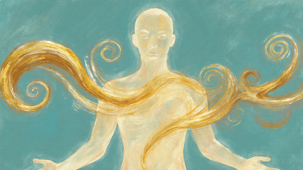 Abstraktní znázornění energetického toku a cirkulace během masáže Lomi Lomi v teplých odstínech.