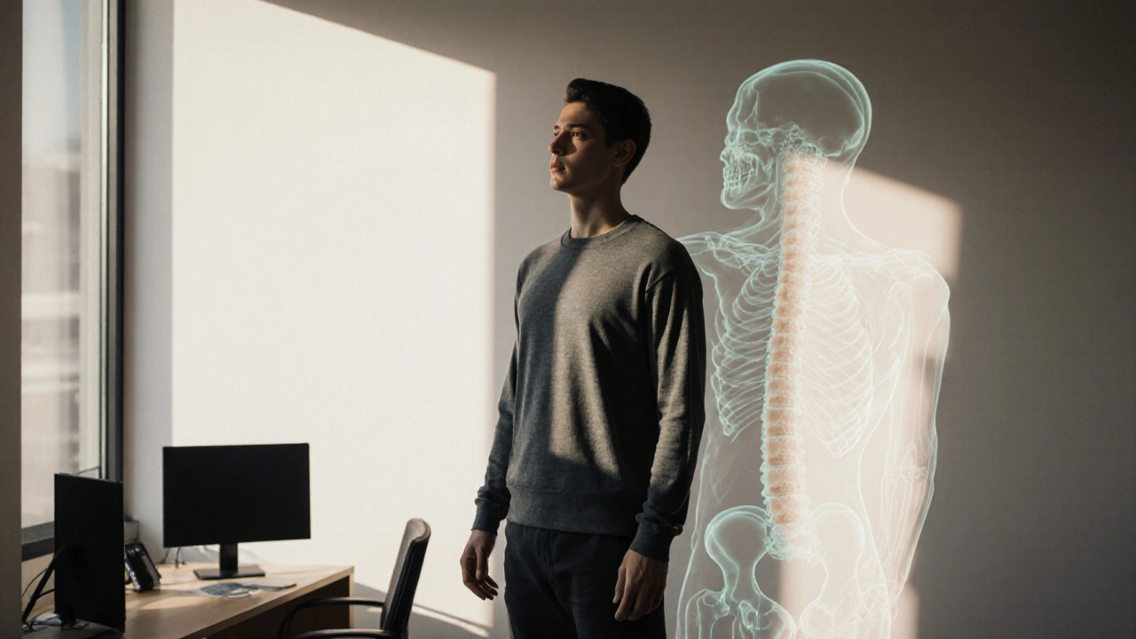 Člověk po masáži s přirozenou postavou, proti průhlednému obrazu dřívějšího napětí.