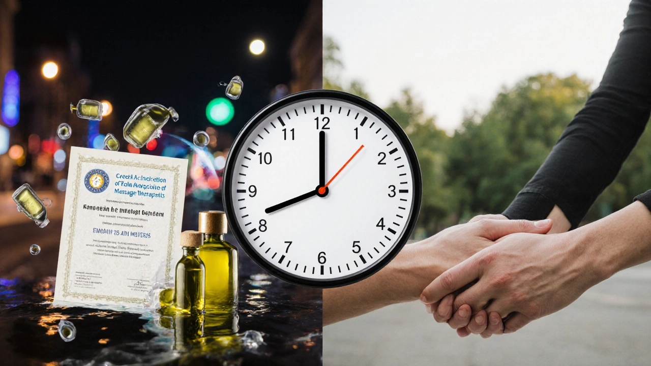 Hodiny ukazující snížený krevní tlak s masérskými nástroji a certifikátem v pozadí.