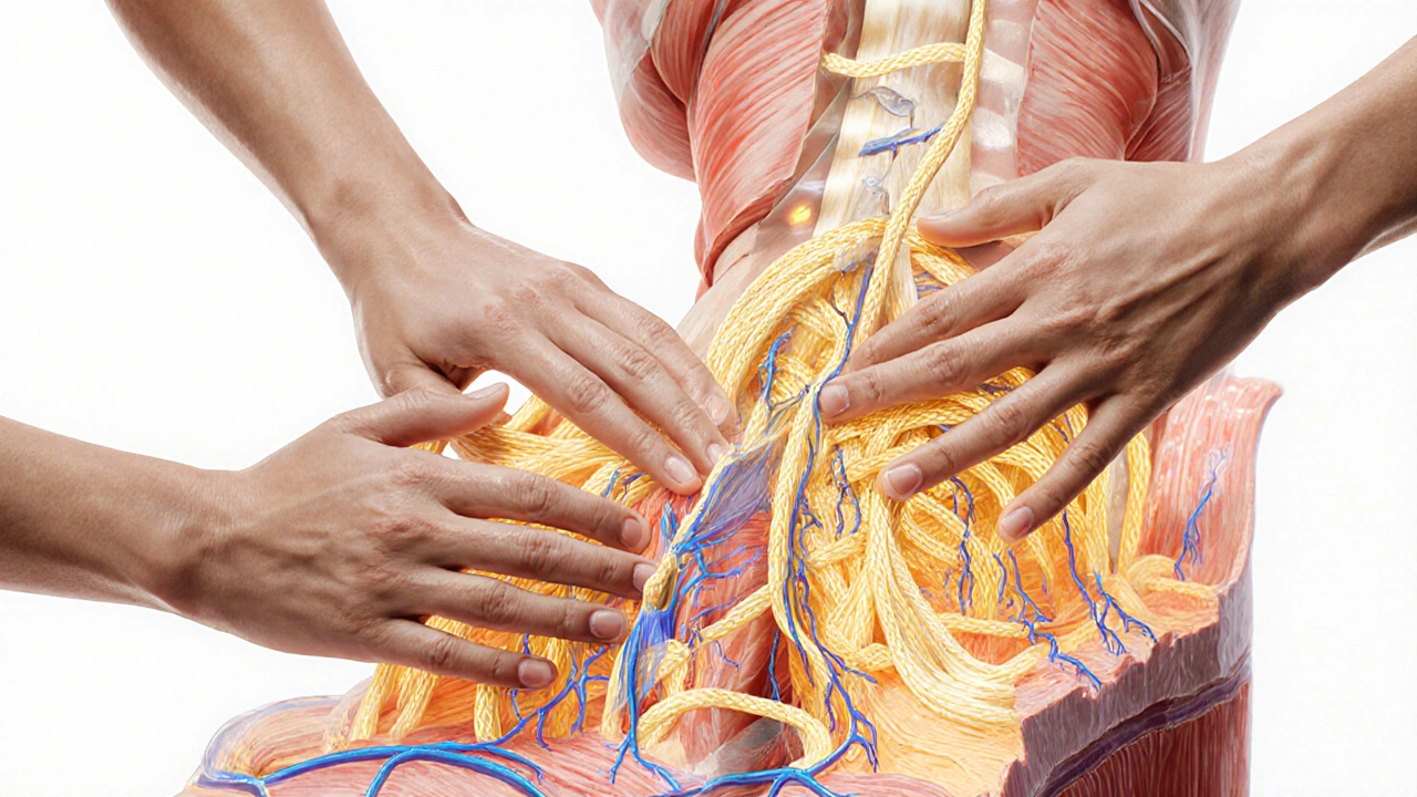 Ilustrace svalových vláken a tkání během masáže, kde se rozpadají adheze a zlepšuje se oběh.