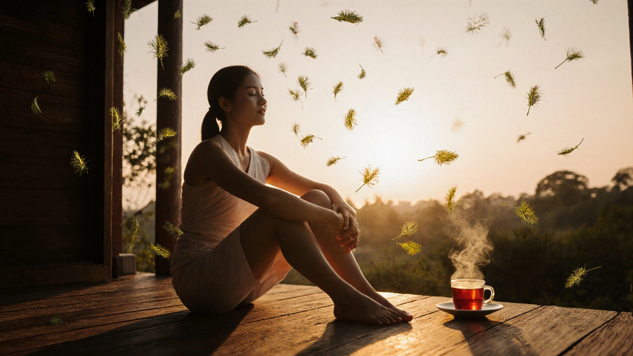 Osoba po thajské masáži sedí na terase ve večerním světle, klidná, s šálkem čaje a listy kolem sebe.