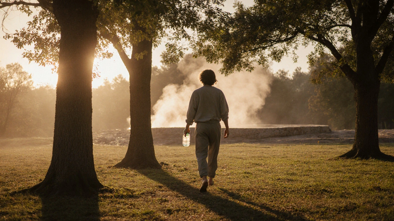 Osoba se klidně prochází ve večerním parku s lahvičkou vody.