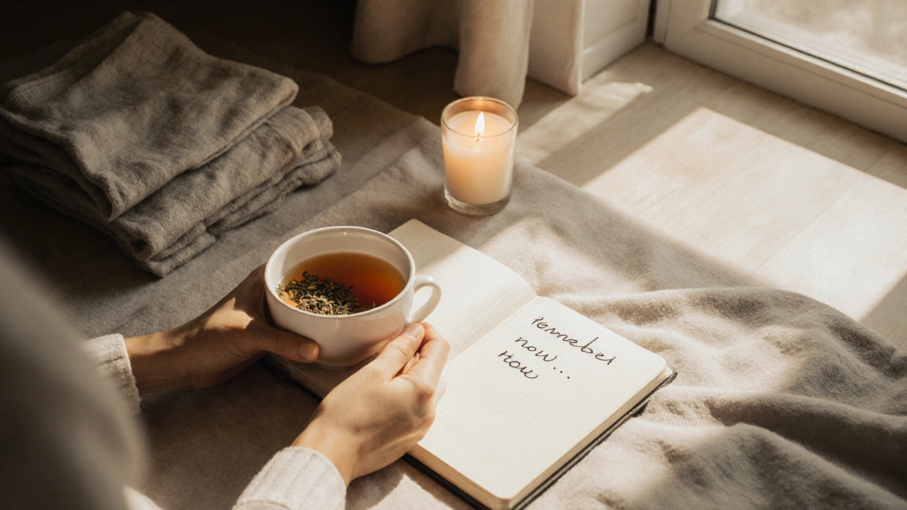 Ruce drží šálek čaje vedle otevřeného deníku s poznámkou &#039;Teď si to vzpomínám...&#039;, svíčka a oblečení na podlaze.