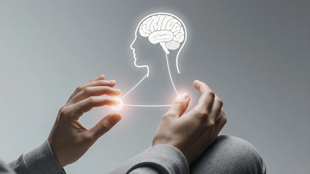 Ruce provádějí jemný tlak pod klíční kostí při uvolnění stresu.