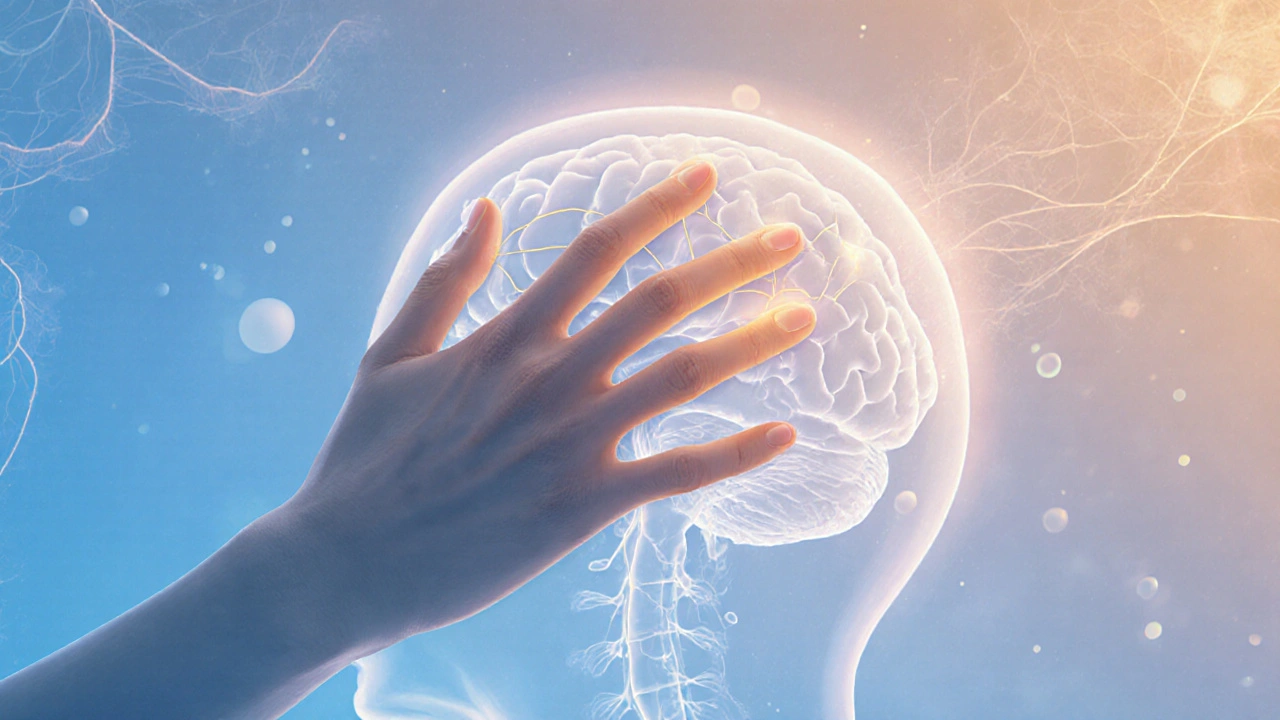 Ruka masíruje body na základě lebky s vizuálními linkami krevního toku.