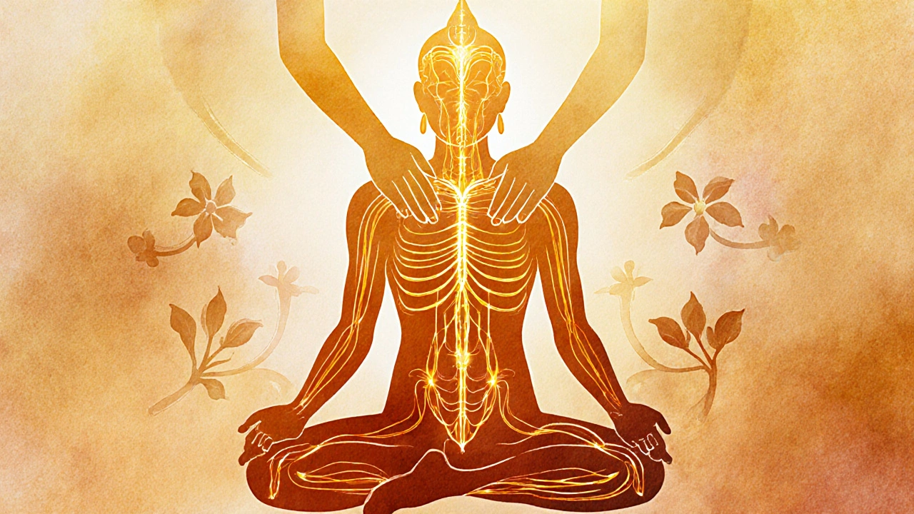 Schematický nákres energetických linek těla s zlatým světlem proudícím od nohou k hlavě během thajské masáže.