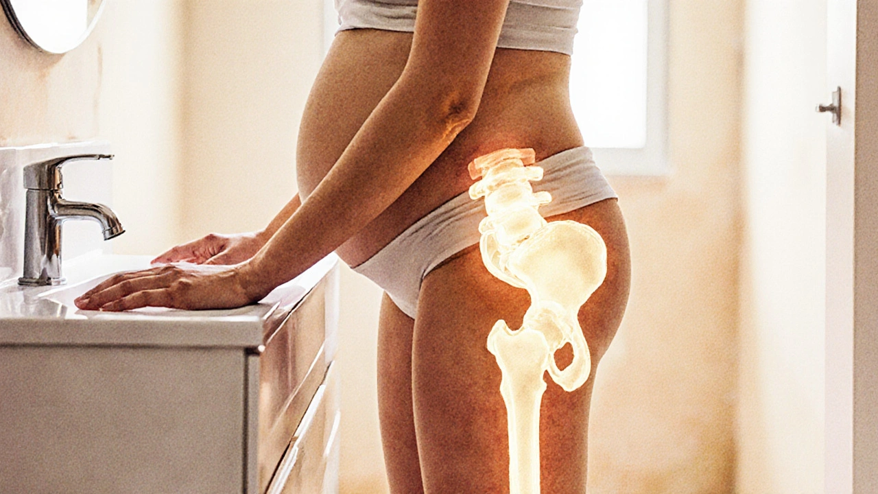 Těhotná žena stojí na jedné noze v koupelně, opírá se o umyvadlo, s nerovnoměrně natočenými boky.