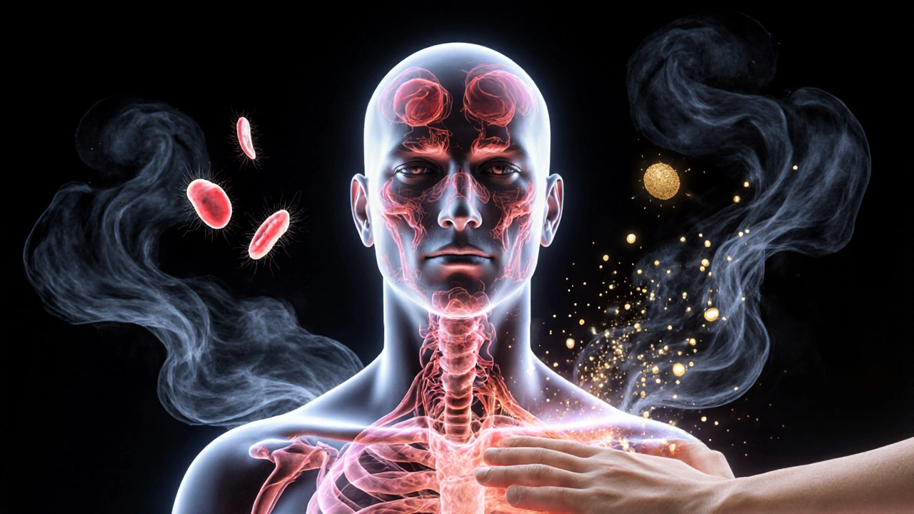 Transparenční obrázek těla s rozšiřujícími se cévami a uvolňujícími se hormony.