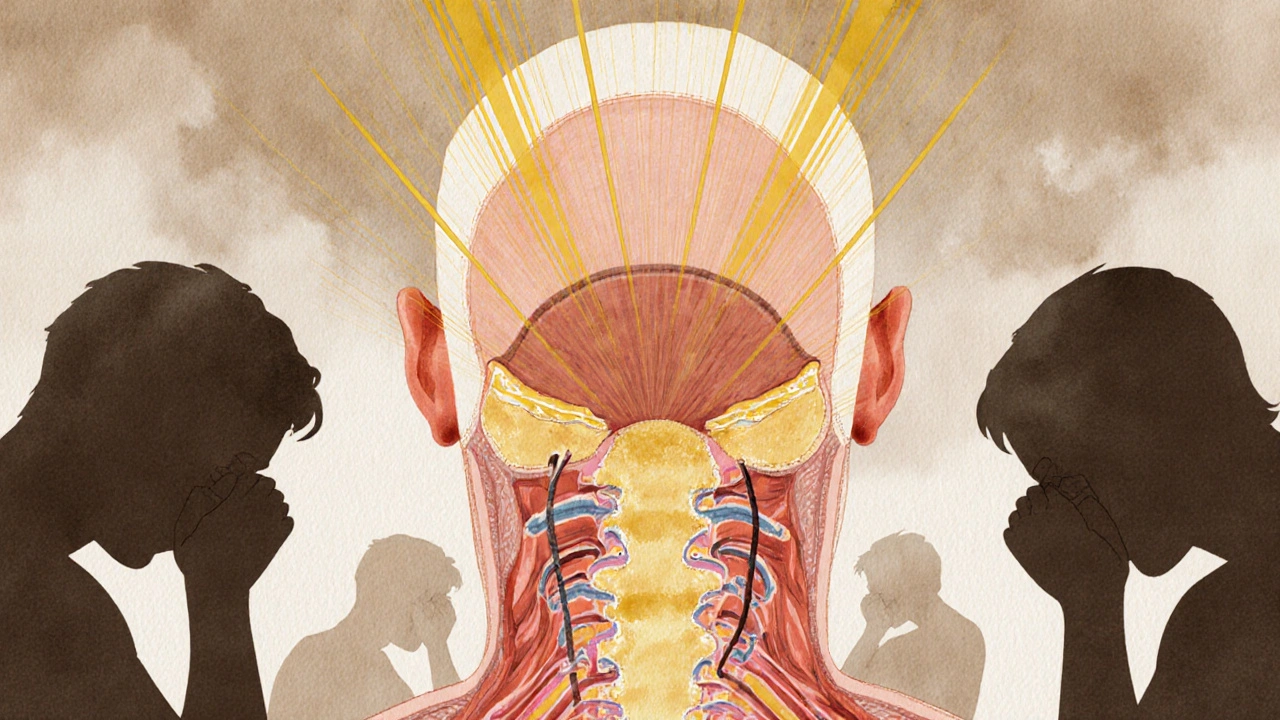 Umělecké znázornění tlakových bodů na krku a za ušima s proudy krve.