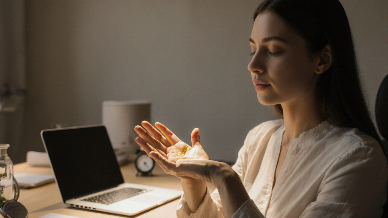Žena masíruje bod na ruce během pracovní přestávky v kanceláři.