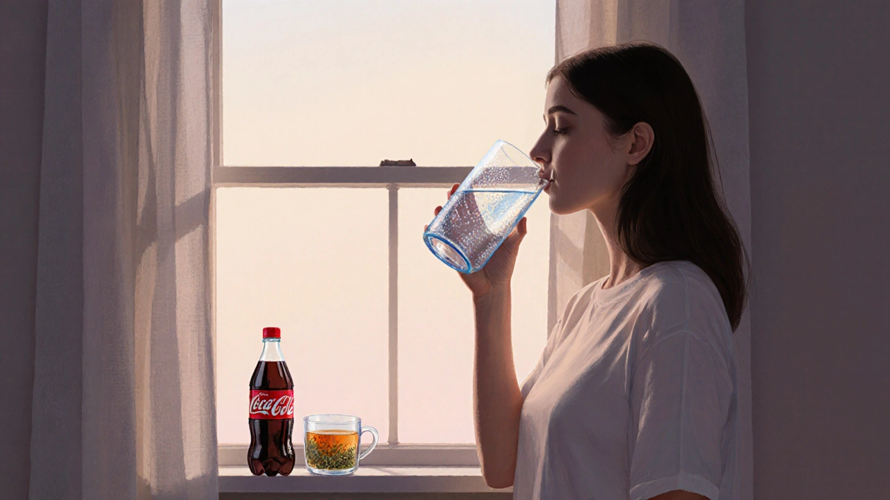 Žena pije vodu ráno u okna, vedle ní prázdná lahve sladkého nápoje, symbolizující hydrataci a odstranění cukru.