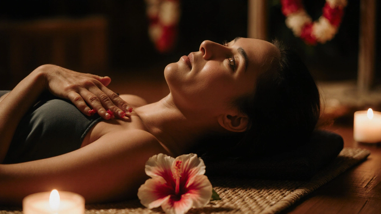 Žena pláče klidně během masáže Lomi Lomi, ruka na srdci, svíčka osvětluje její tvář.