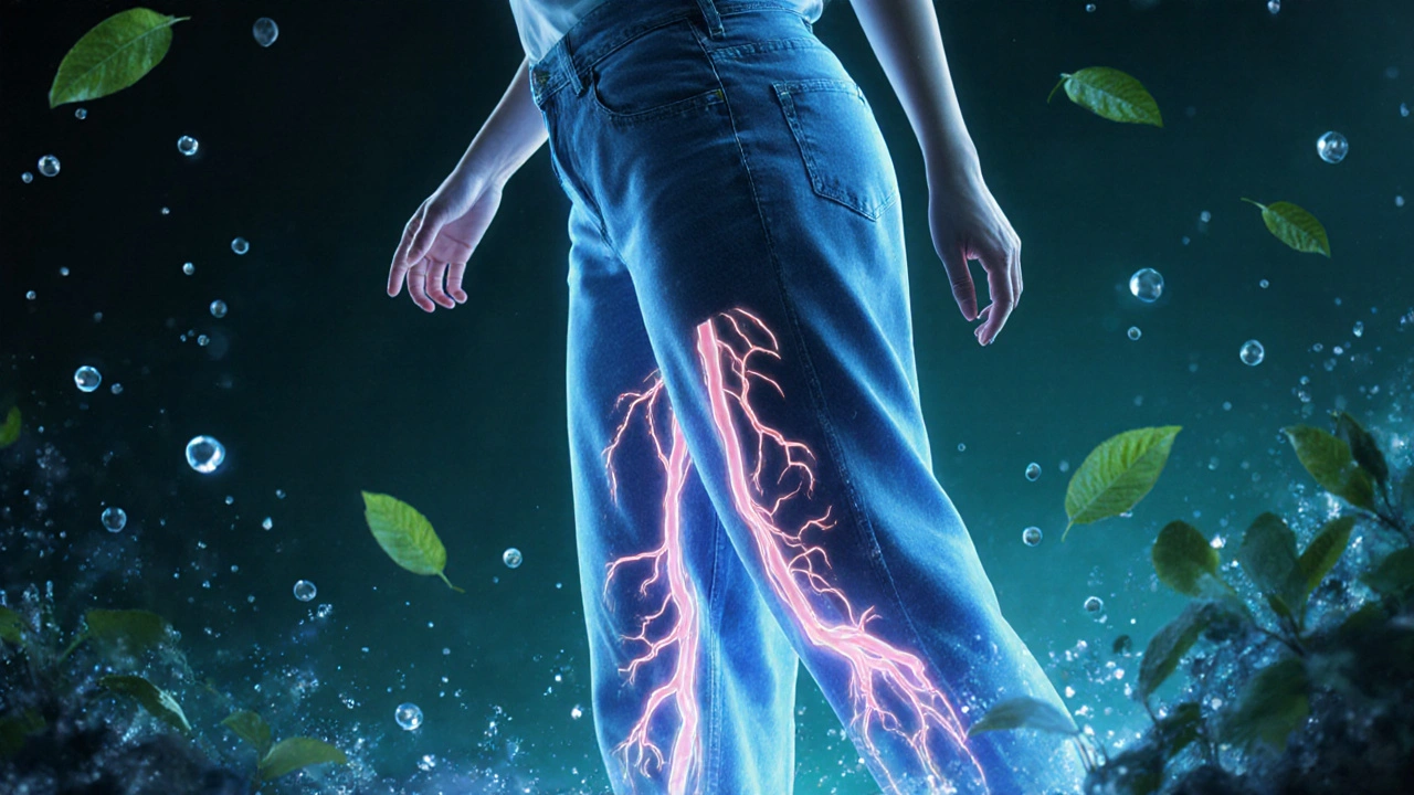 Žena v volném oblečení vystupuje z těsných kalhot, s viditelným prouděním tekutin v těle, symbolizující detoxikaci a zlepšení oběhu.