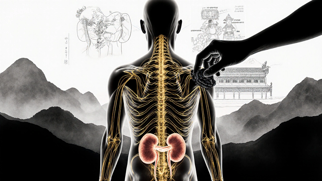 Zlaté energetické toku qi v těle, kde blokovaný bod je uvolňován rukou terapeuta.