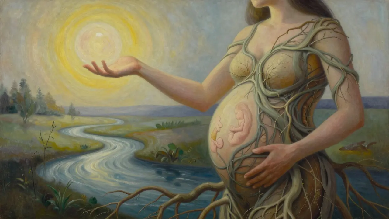 Abstraktní obraz těhotné ženy spojené s přírodou, kde její tělo podporují proudy vody a ruce země, symbolizující propojení s plodem.