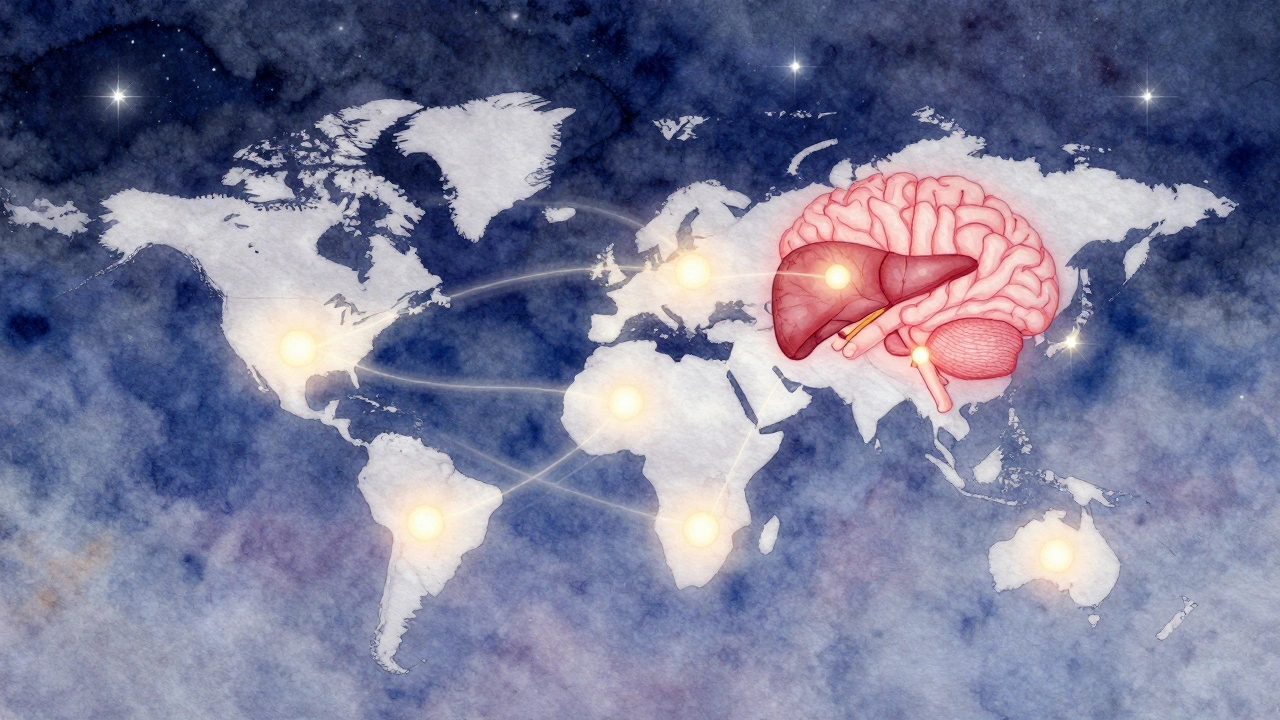 Abstraktní vodová barva ilustrace nohou spojených světelnými čarami s orgány při spánku.