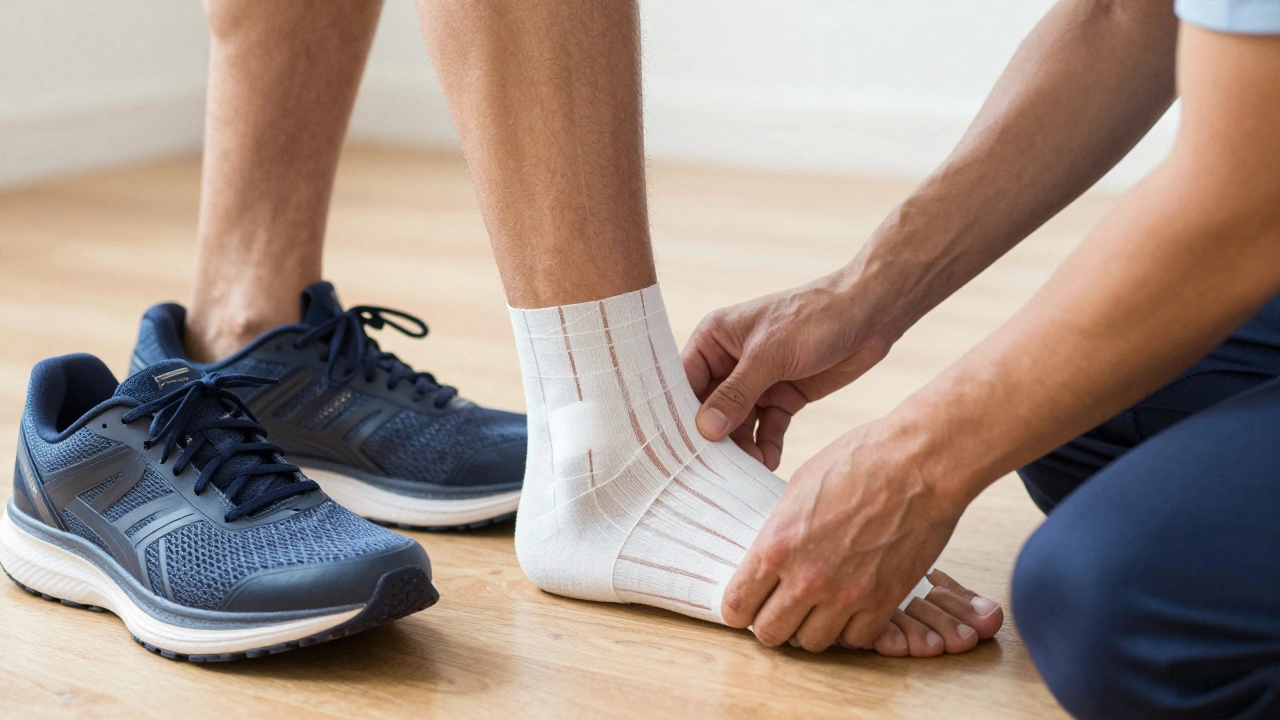 Fyzioterapeut aplikuje tejp na patu pacienta ve tvaru sítě pro podporu plantární fascie.