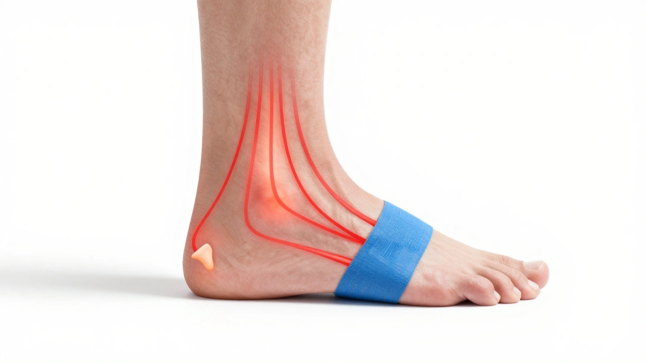 Koncepční obrázek nohy s napjatou fascií a podpůrným tejpem, který uklidňuje bolest.