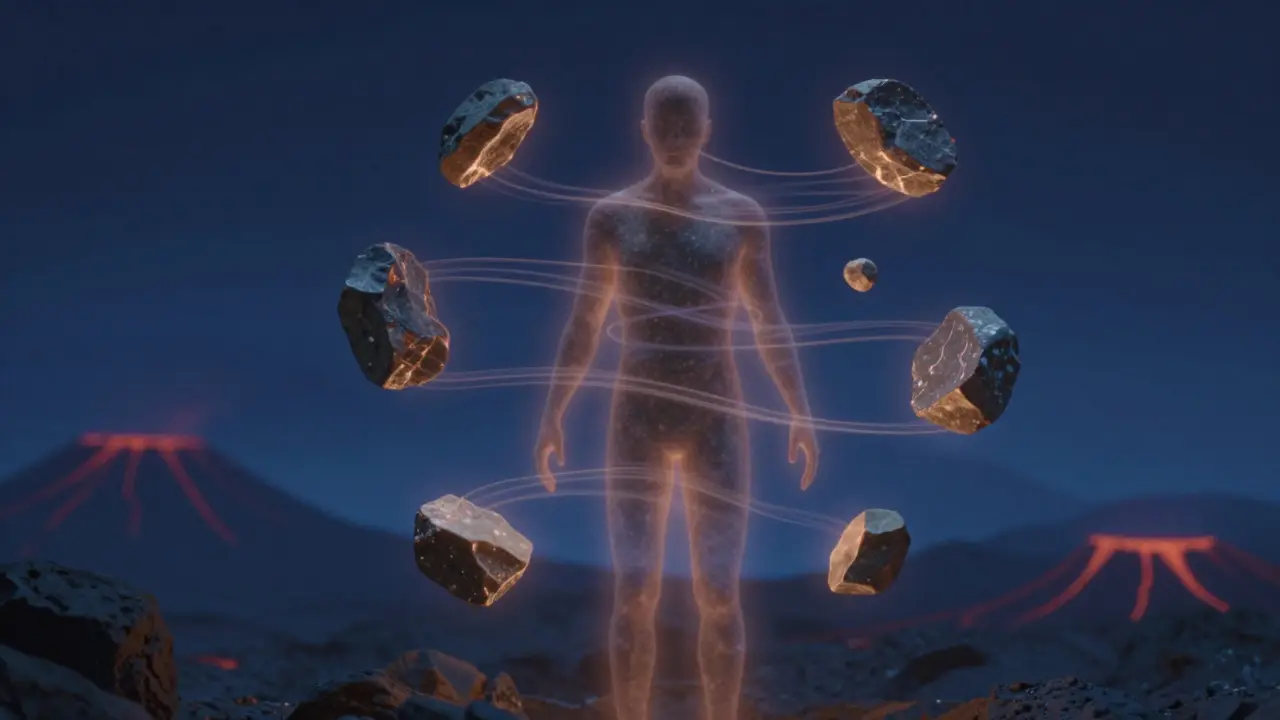 Kontur člověka obklopena plavajícími zářícími lávovými kameny, symbolizujícími teplo a uvolnění.