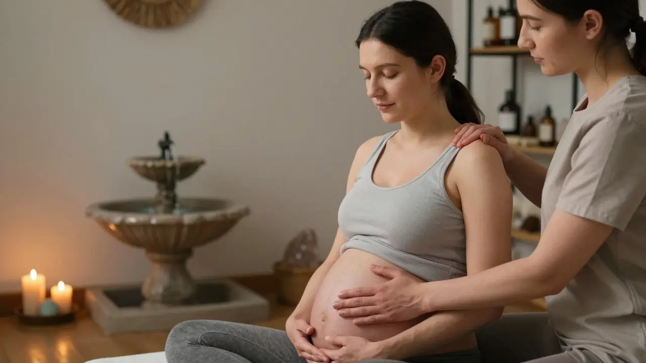 Masérka jemně masíruje těhotnou ženu, která sedí a má ruku na břiše, v klidném, osvětleném prostoru.