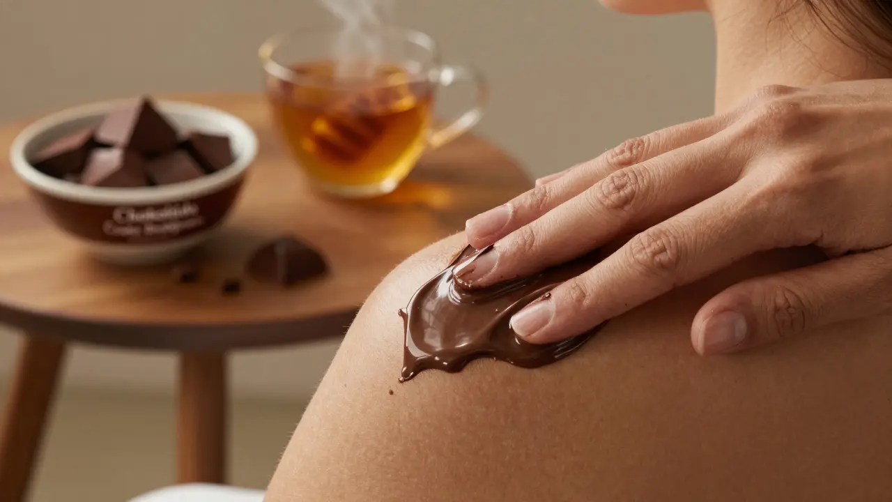 Ruce maséře jemně masírují rameno a paži roztavenou tmavou čokoládou s jemným leskem na kůži.