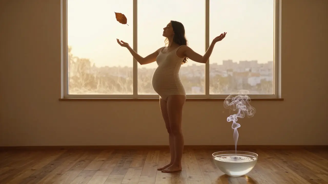 Těhotná žena stojí v klidu v záři slunce, symbolicky uvolňující se od stresu a napětí.