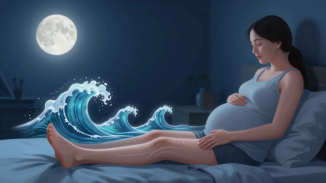 Těhotná žena v noci, jak jí její partner jemně masíruje nohy, s měsíčním světlem a představou zlepšeného oběhu a klidného spánku.