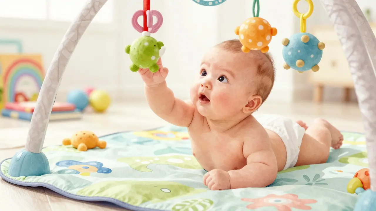 Tříměsíční miminko na bříšku se snaží dosáhnout na hračku, zvedá hrudník a dívá se s úžasem.