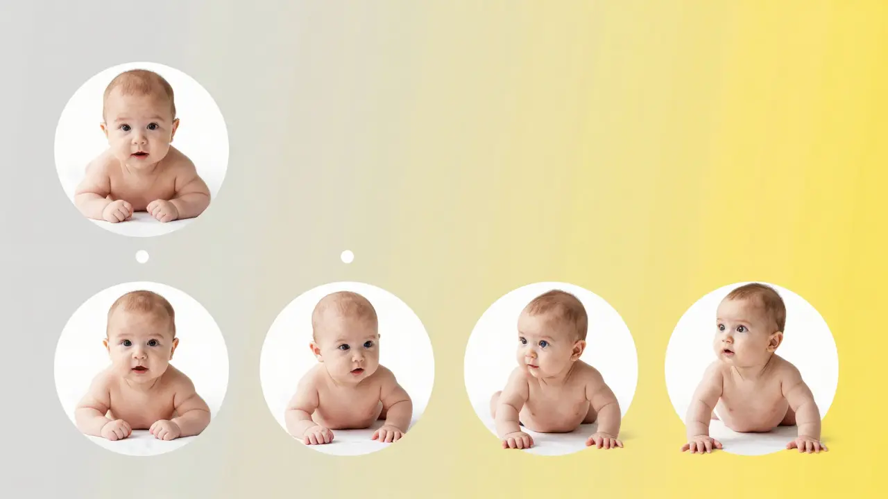 Vizualizace vývoje miminka během týdnů: postupné zvyšování schopností v bříškové poloze.