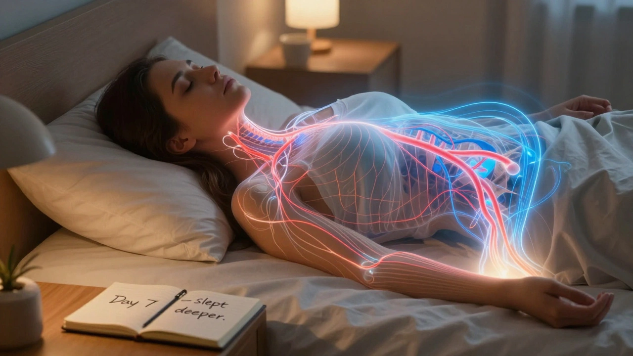 Žena leží v posteli, z jejích nohou vychází jemné světlo, které proudí k hlavě.