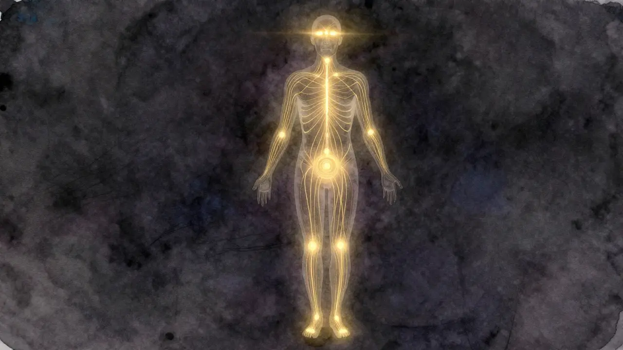 Abstraktní znázornění energetických meridiánů v lidském těle s zlatými proudy.