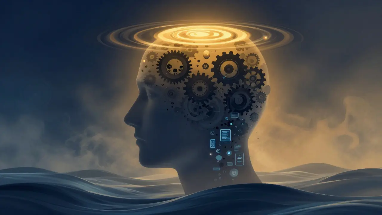 Abstraktní znázornění uvolnění stresu z hlavy jako přechodu z chaosu do klidu.