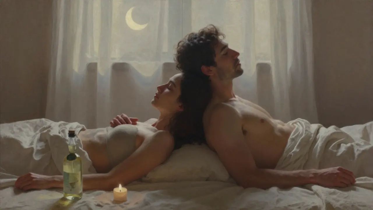 Dva partneři leží zády k sobě, ruka na rameni, v klidu a synchronizovaném dechu.