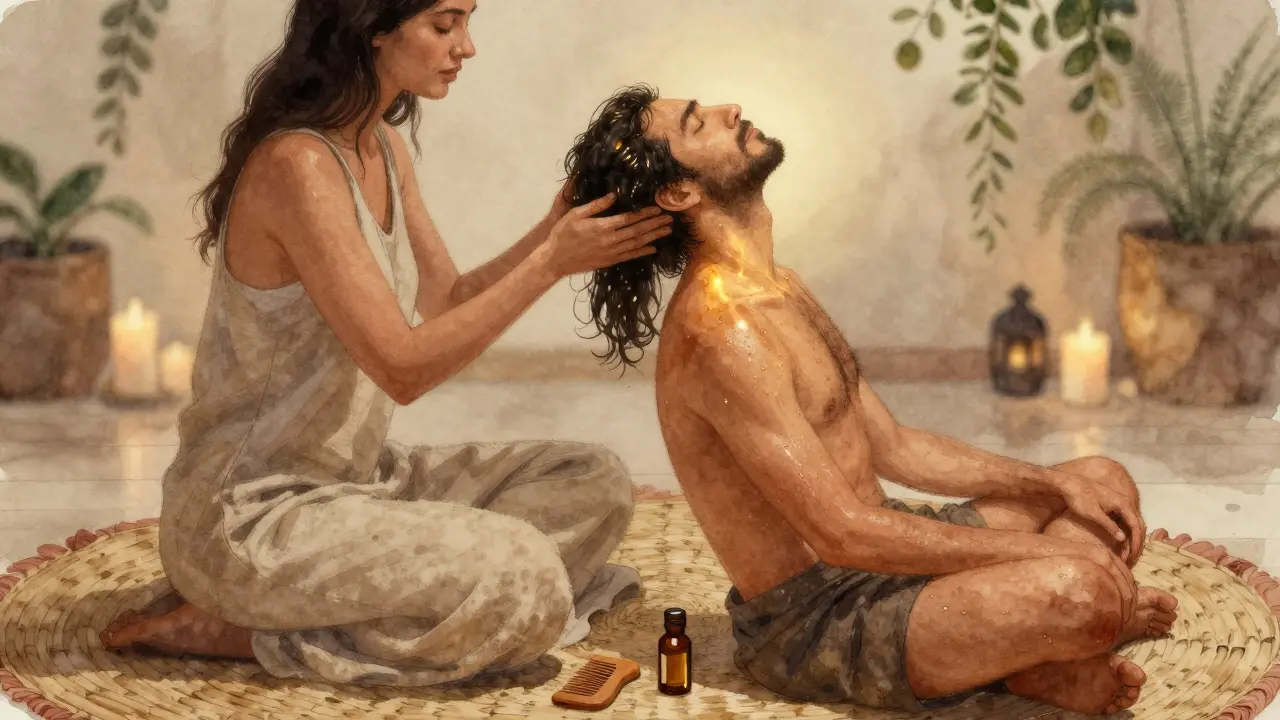 Dvojice si navzájem dělá masáž hlavy na koberci, vytvářejí klidnou, intimitní chvíli.