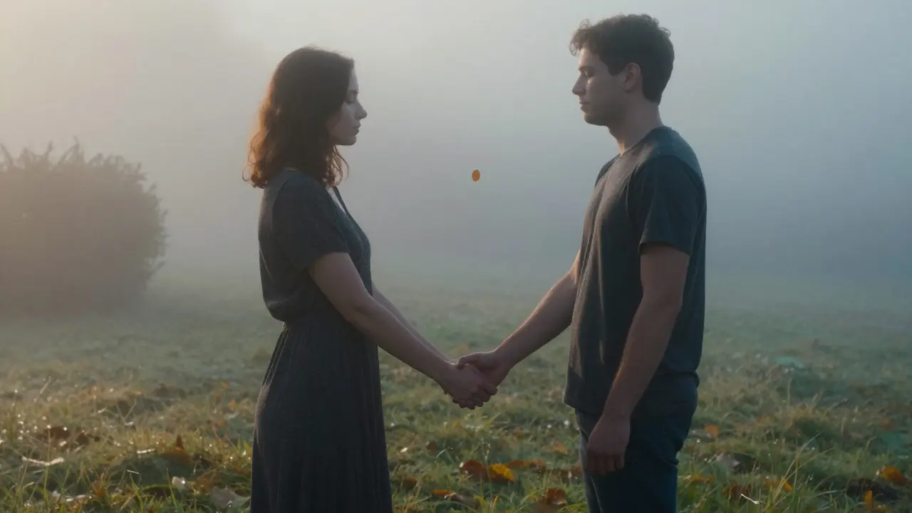Dvojice stojí v mlhavé zahradě v ranním světle, drží se za ruce v tichém spojení.