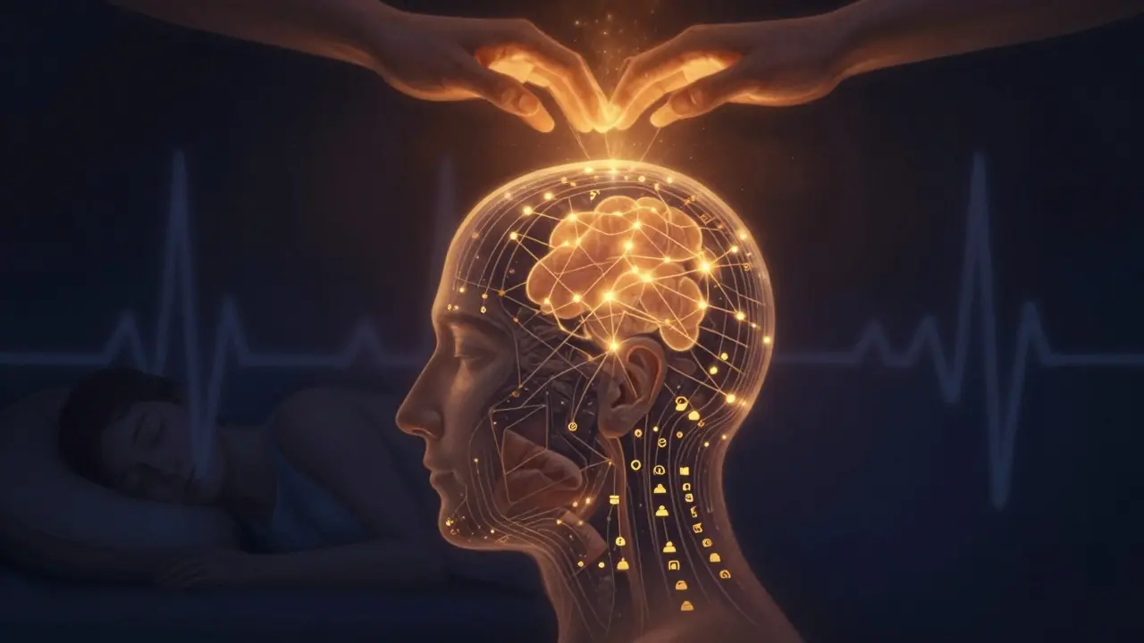 Koncepční obrázek hlavy s energetickými body spojenými s tělem, zlaté paprsky vyzařují z rukou.