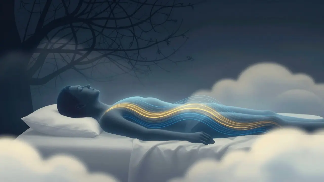 Koncepční obrázek těla vyzařujícího klidnou energii, symbolizující hluboký spánek a uvolnění stresu.