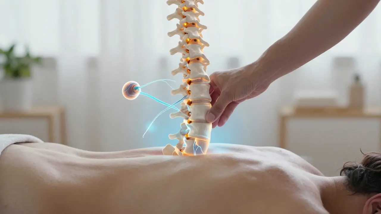 Koncepční znázornění páteře s uvolňujícími se svalovými uzly a nervovými spojeními.