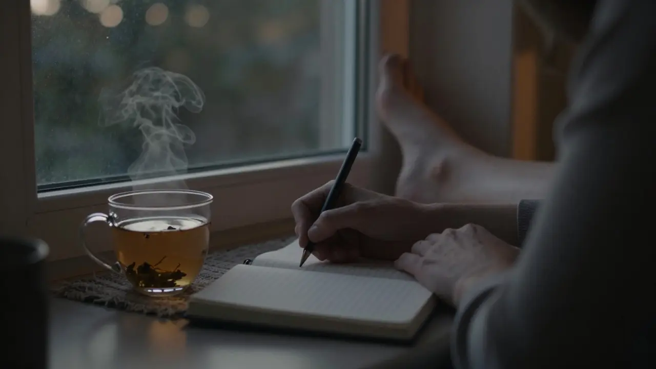 Osoba píše do deníku ve večerním světle s šálkem bylinného čaje.