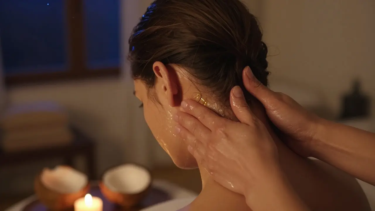 Ruce masírují zátylek a krk teplým olejem v klidné noční místnosti.