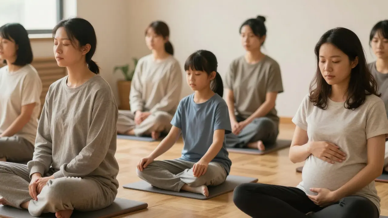 Různí lidé klidně přijímají masáž Shiatsu v mírně osvětlené místnosti.