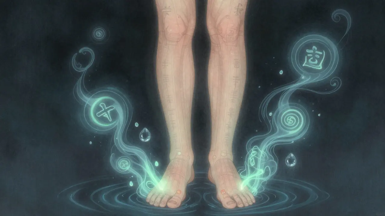 Tělo s propojenými reflexními body a tokem toxinů odstraňovaných vodou.