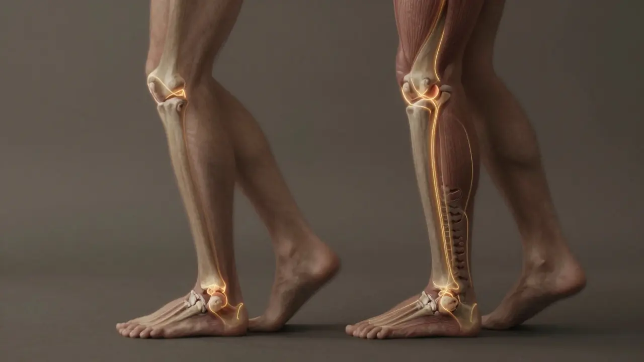 Anatomická ilustrace ukazující, jak zhroutený oblouk způsobuje nesprávné natáčení nohy a zkřivení páteře.