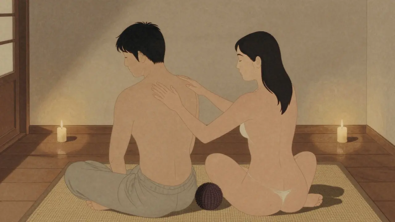 Dvojice společně masíruje zadní části těla na podlaze, oba nahí, v klidném prostředí.