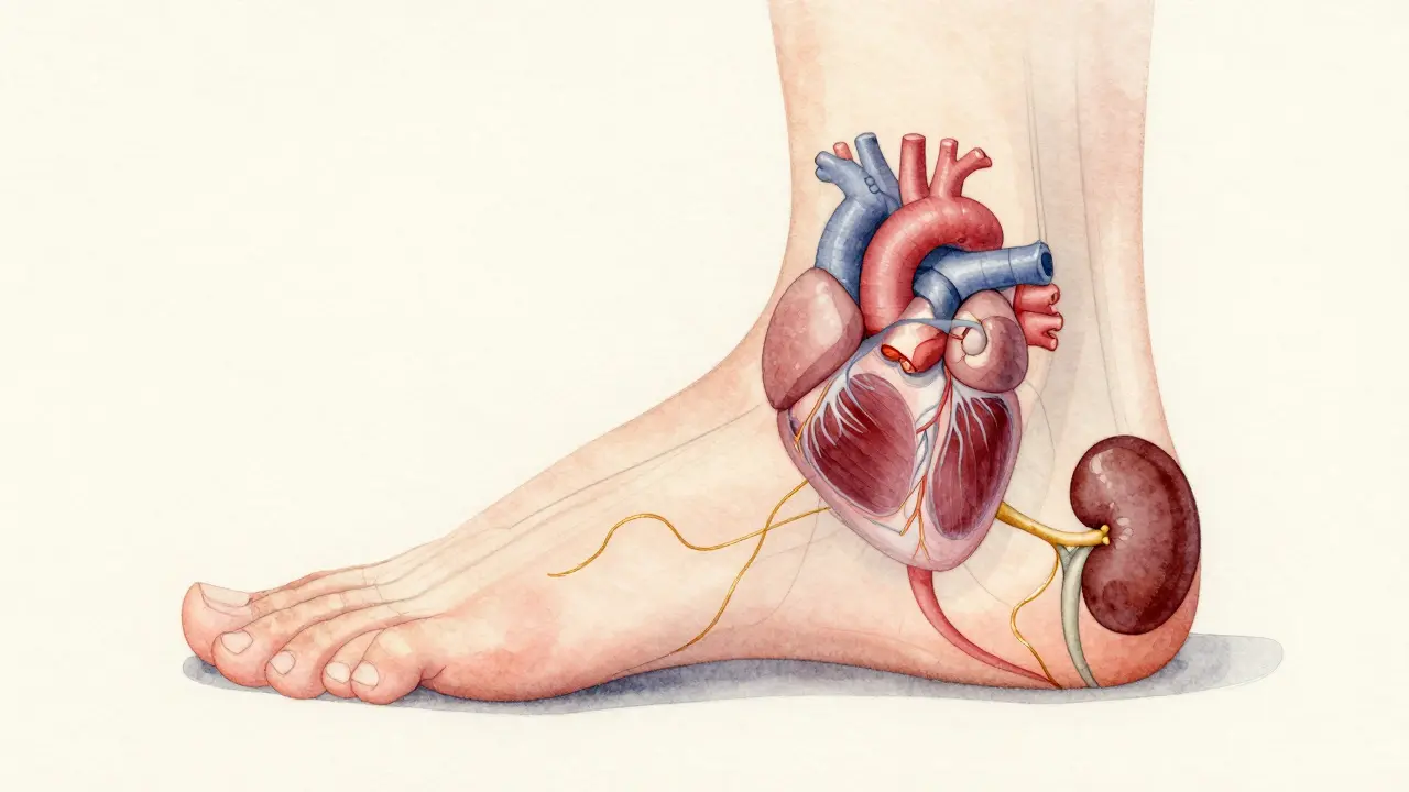 Ilustrace nohy jako mapy těla s propojenými orgány.