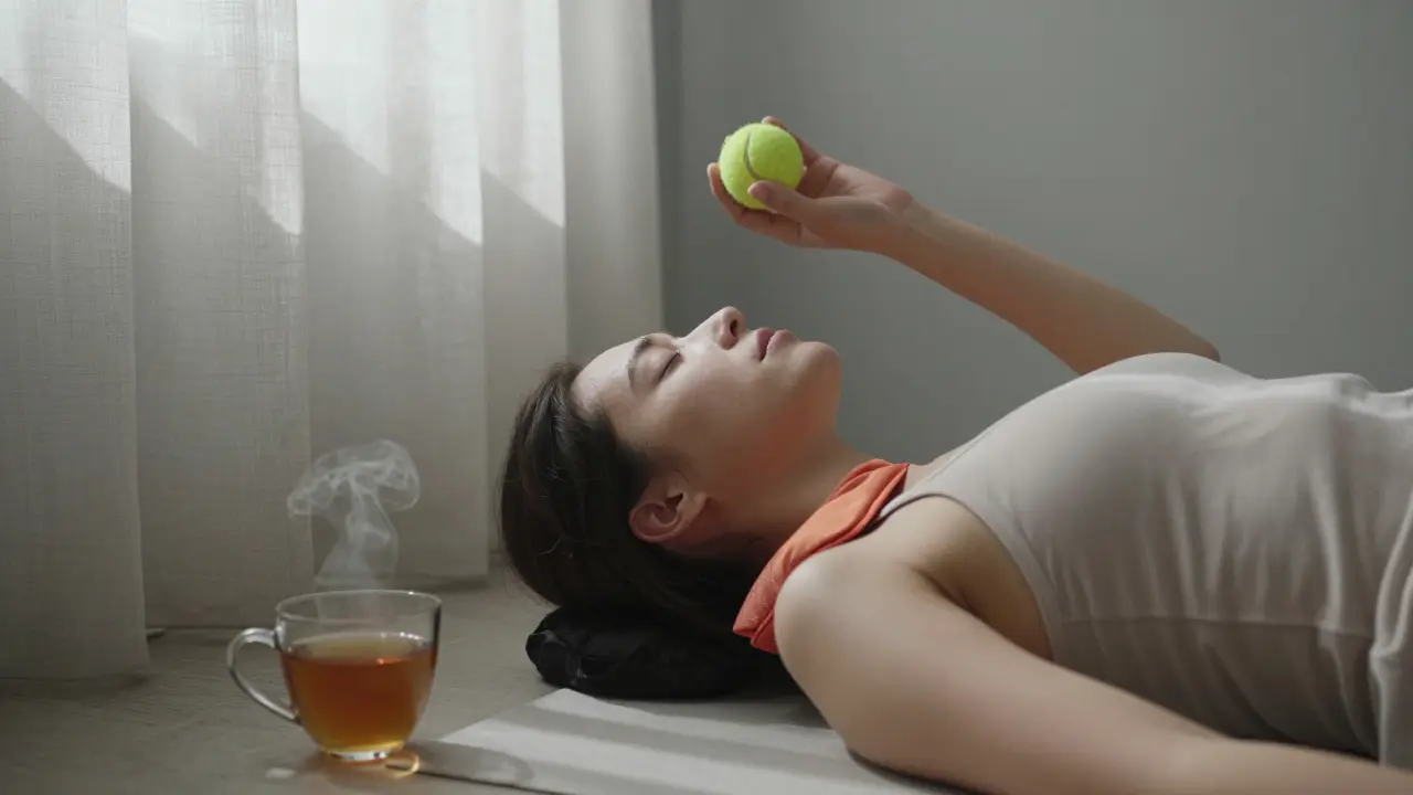 Osoba používá teplý kompres a tenisový míč k uvolnění napětí v zádech.