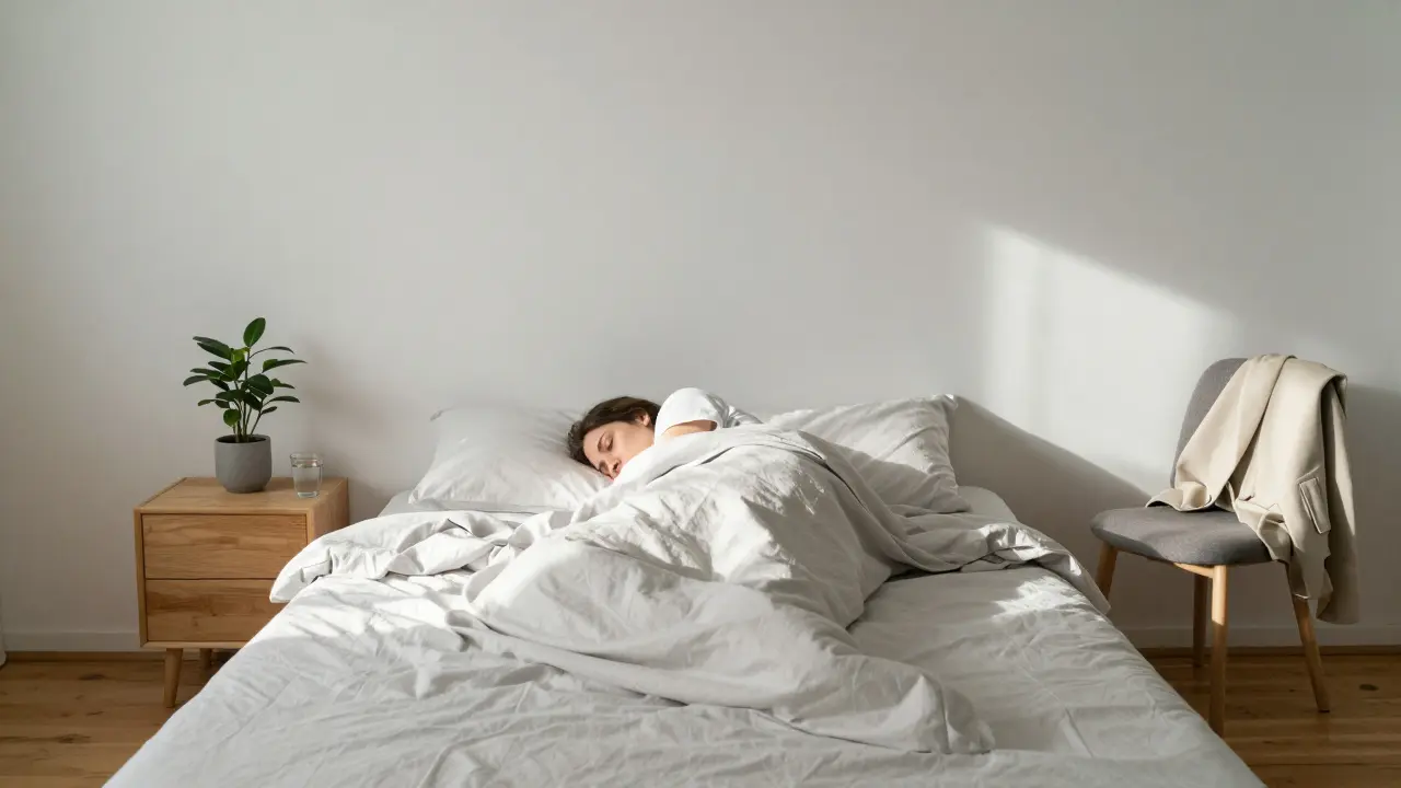 Osoba se probouzí v posteli bez bolesti, slunce osvětluje klidný pokoj po masáži Breuss.