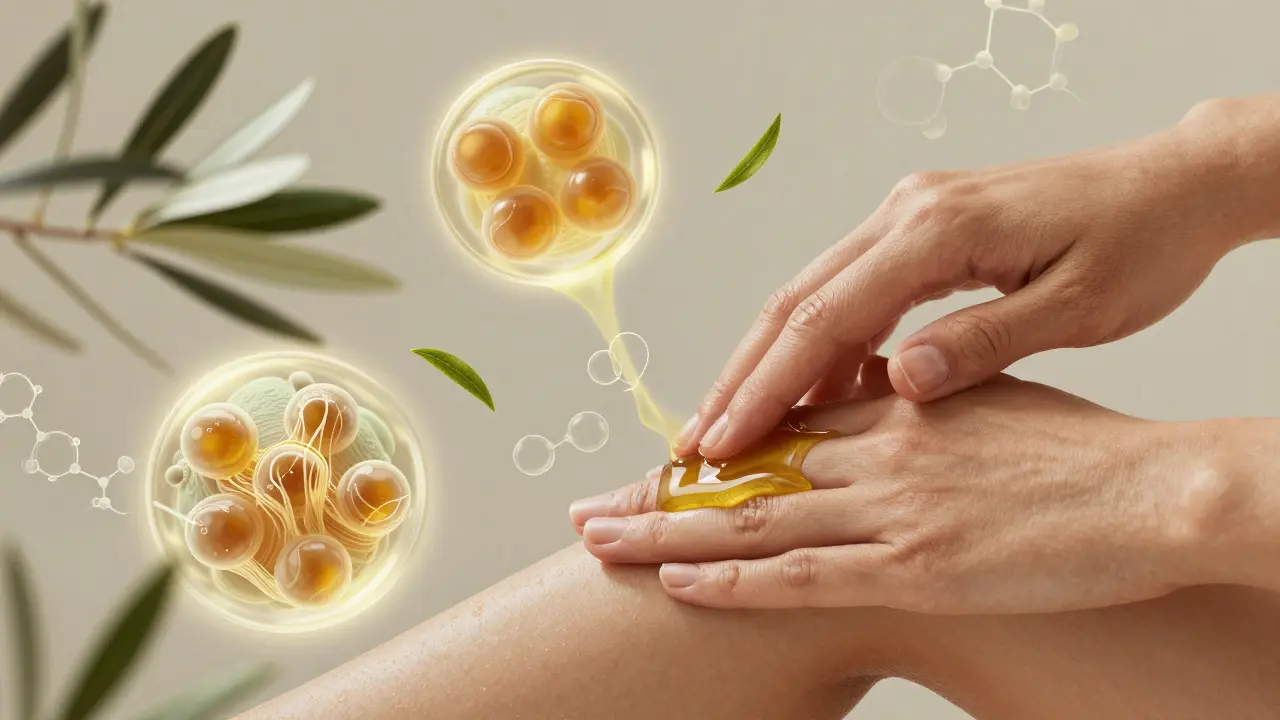 Ruka masíruje olivový olej, s mikroskopickými pohledy na zmenšování tukových buněk a tvorbu kolagenu.